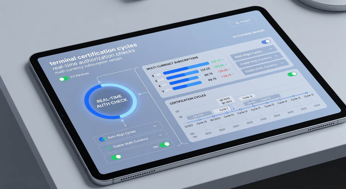 Portable payment terminal displaying multi-currency subscription interface with certification status indicators