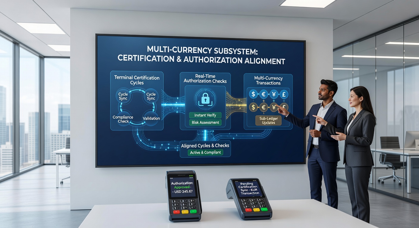 Technician syncing portable terminal certification data with live authorization systems in a multi-currency environment