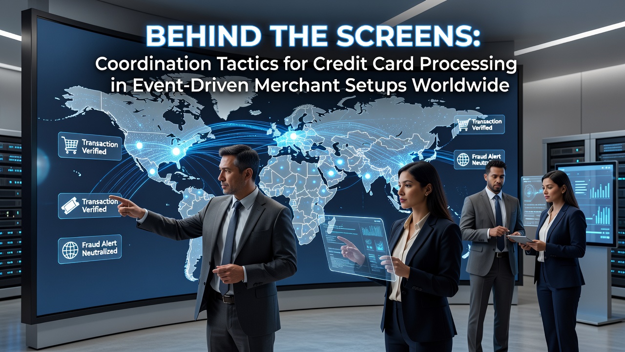 Merchants coordinating credit card processing systems at a large international festival with multiple temporary vendor stations