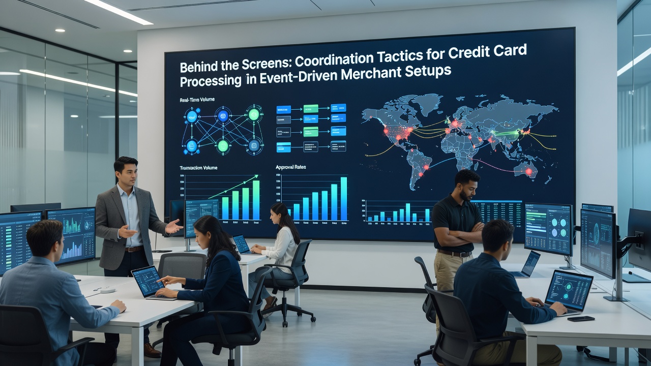 Technical team monitoring real-time credit card transaction flows on screens during a multi-day global trade exhibition