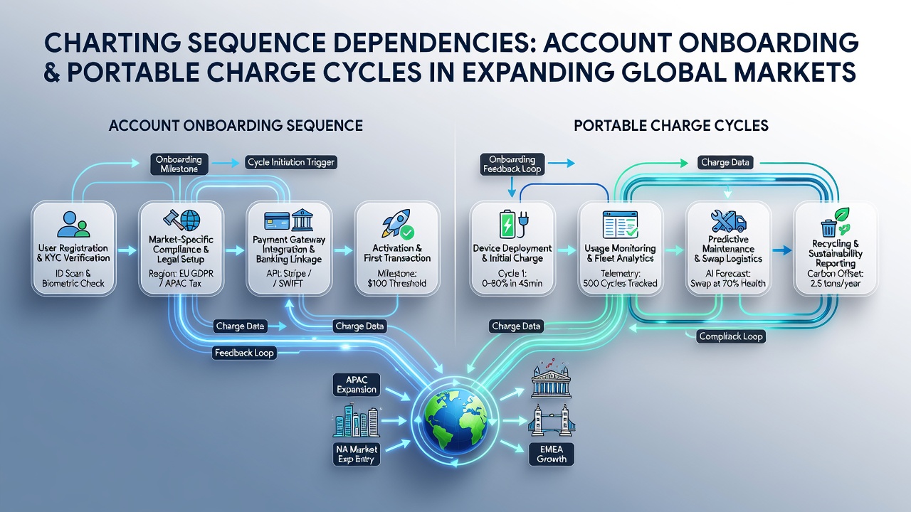 Global payment networks showing account onboarding flows connected to portable device charge cycles across multiple regions