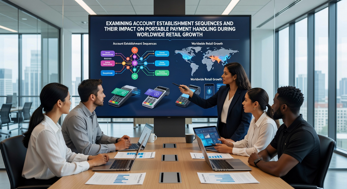 Diagram showing sequential steps in merchant account setup for mobile payment systems across international retail networks