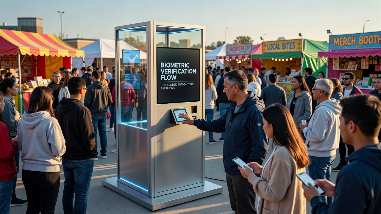 Biometric verification setup at an outdoor vendor stall during a large public event with facial recognition terminals and mobile payment integration
