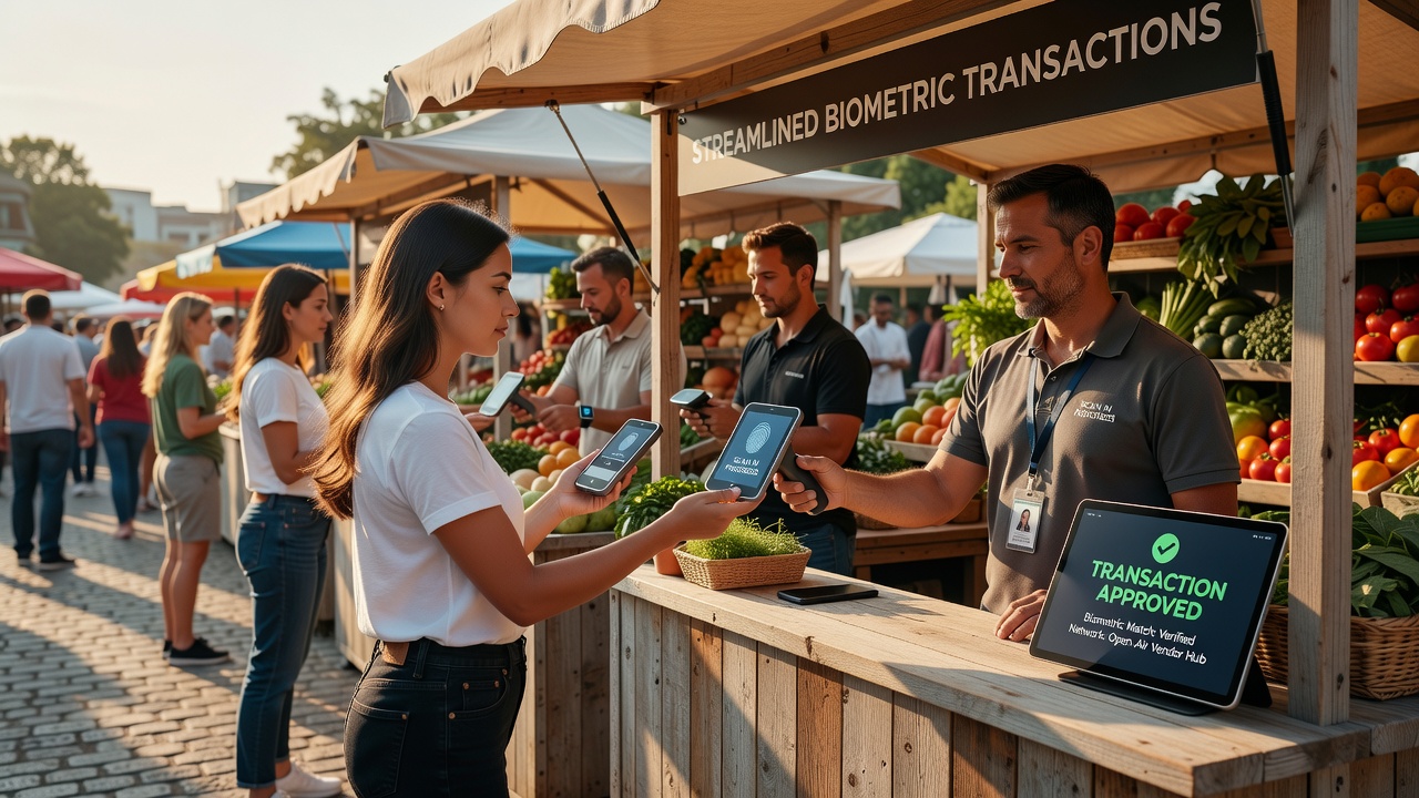Crowd of attendees using biometric payment at multiple open-air vendor stations with real-time transaction displays