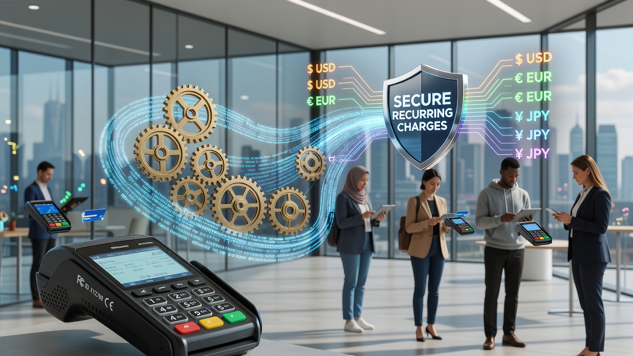 Handheld payment devices undergoing certification checks alongside encryption key management processes for multi-region vendors
