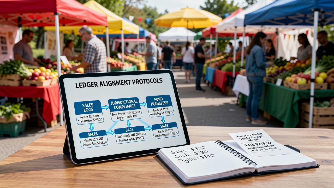 Vendors at a temporary market event processing sales and reconciling logs with transfers