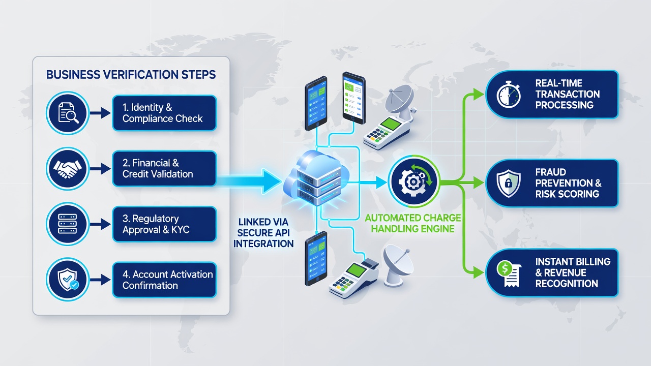 Automated charge processing dashboard linked to verified business accounts on wireless sales platform