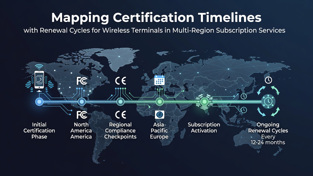Diagram showing certification timelines aligned with renewal cycles for wireless payment terminals across regions