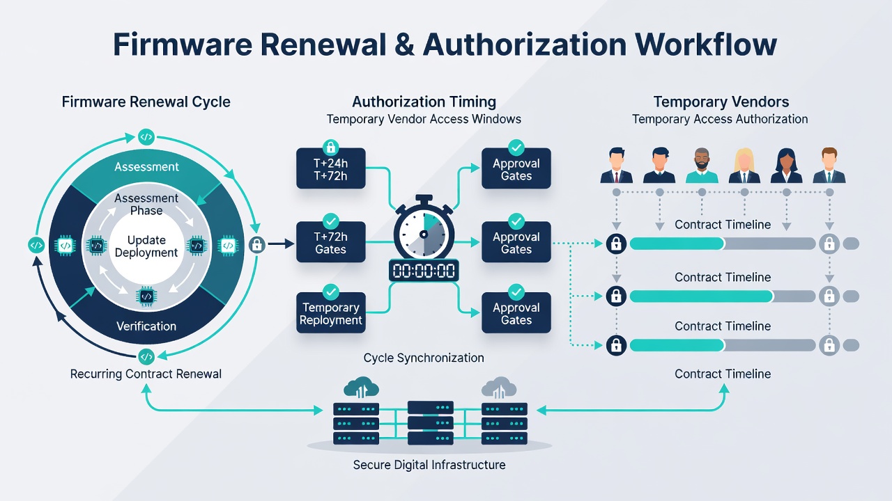 Flowchart illustrating authorization timing checkpoints synchronized with firmware renewal schedules for vendors handling recurring cross-border transactions