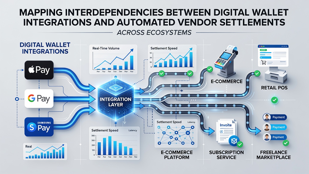 Flowchart illustrating interdependencies in automated vendor settlements linked to digital wallet APIs