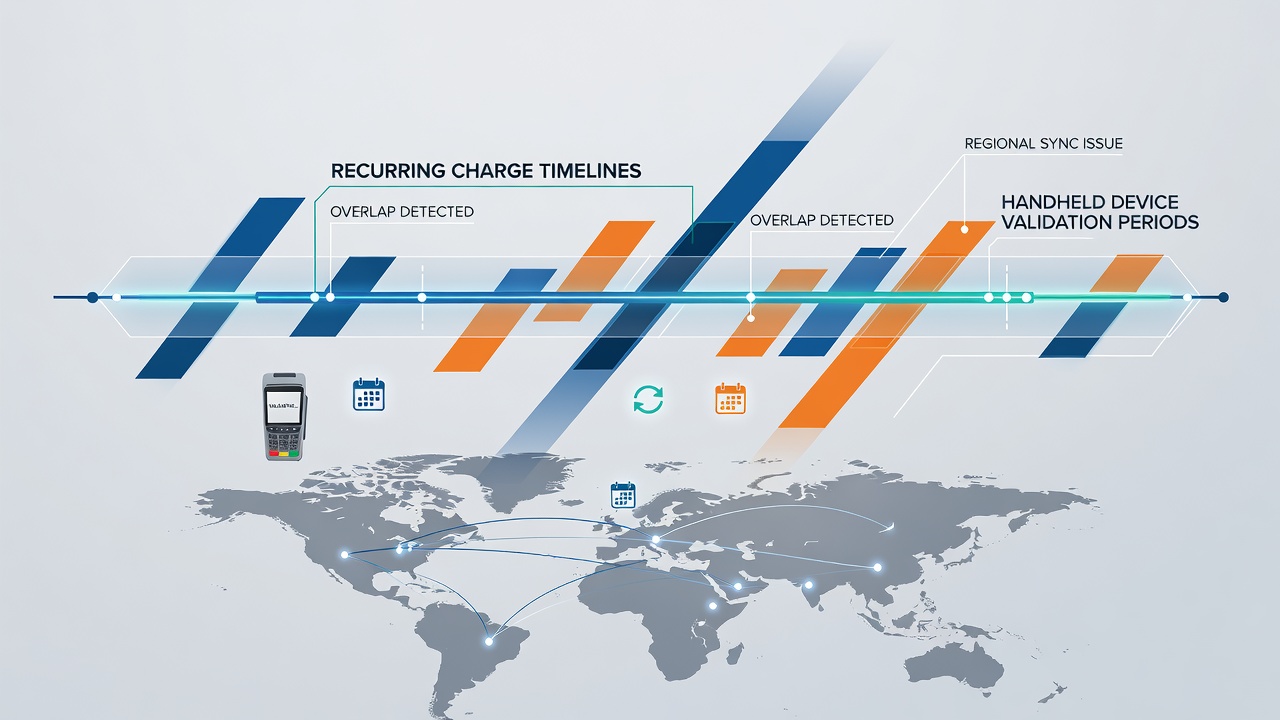 Mobile vendors managing handheld payment devices across different regions with validation schedules overlaid on billing cycles