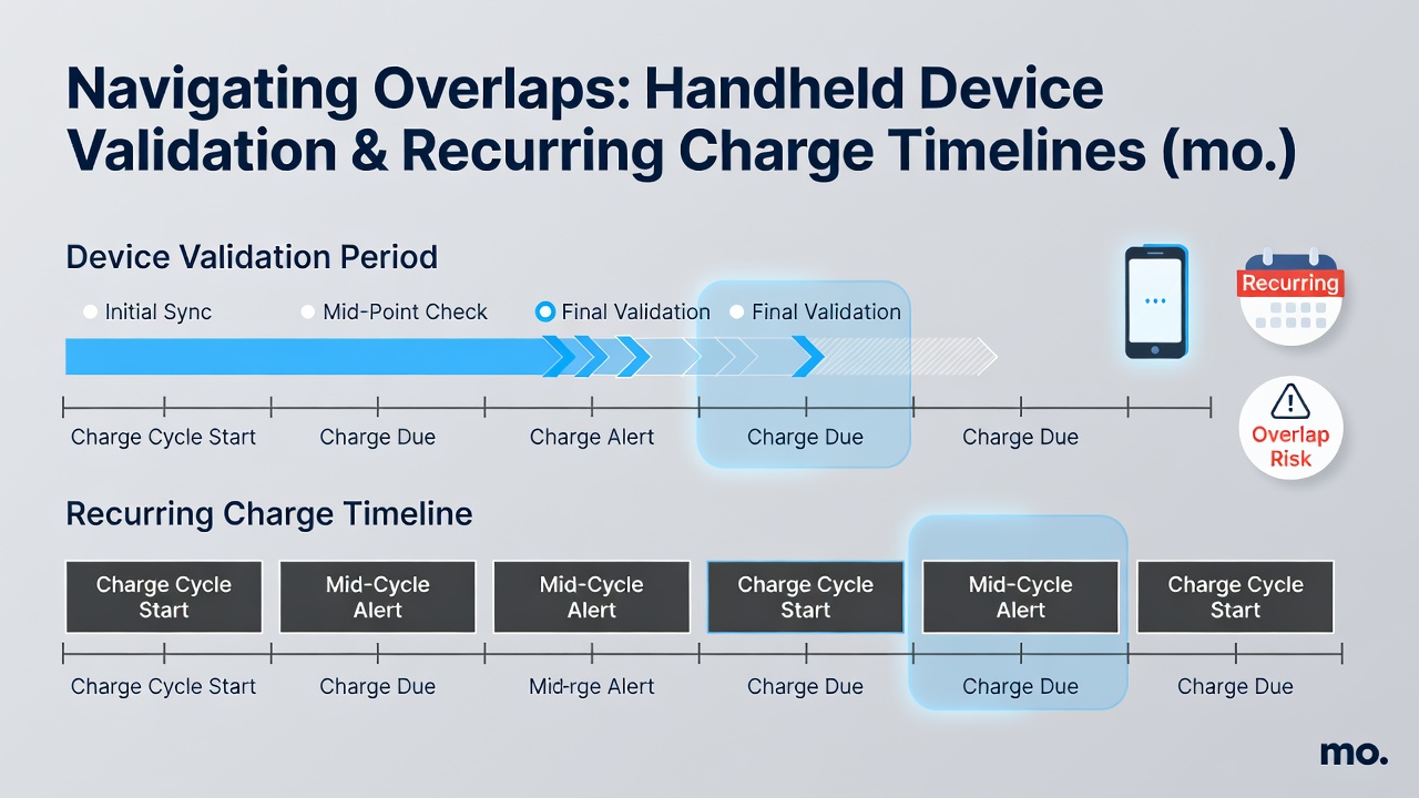 Timeline chart showing device validation periods aligned with recurring billing cycles across regions