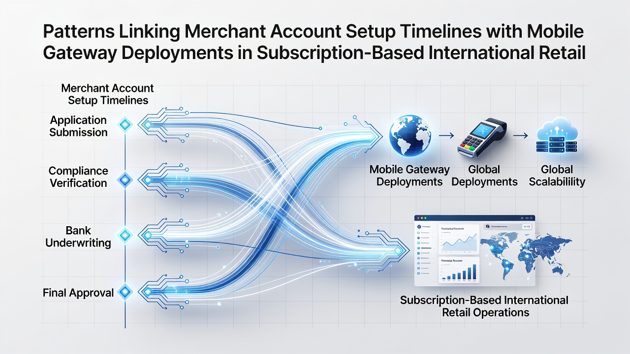 Merchant account setup processes integrated with mobile gateway systems for international retail subscriptions