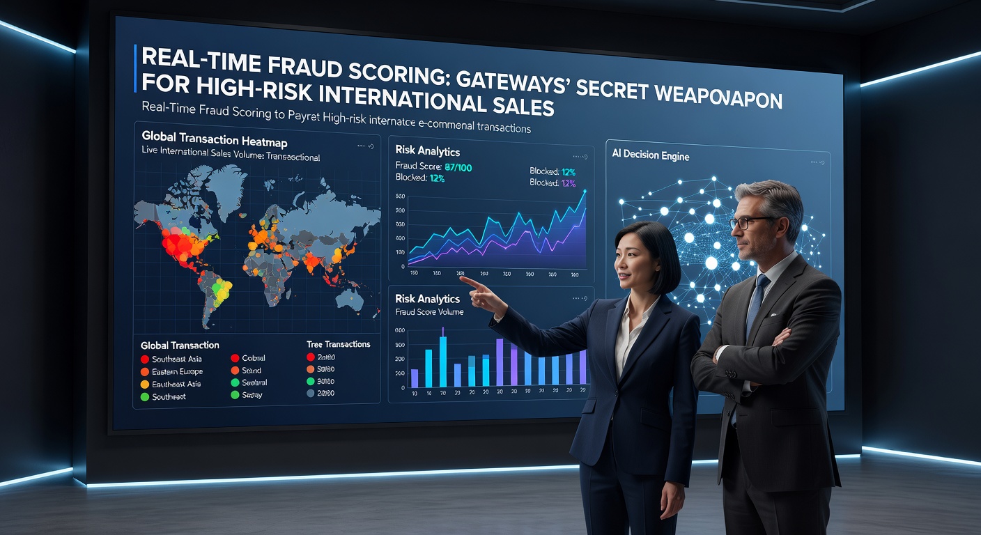 Close-up of a payment gateway interface with fraud scoring metrics, risk heatmaps, and transaction timelines for high-risk international deals