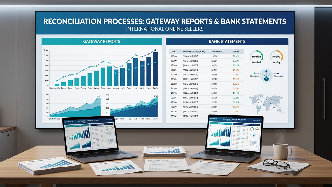 International online seller reviewing payment gateway reports and bank statements on a laptop in a modern workspace
