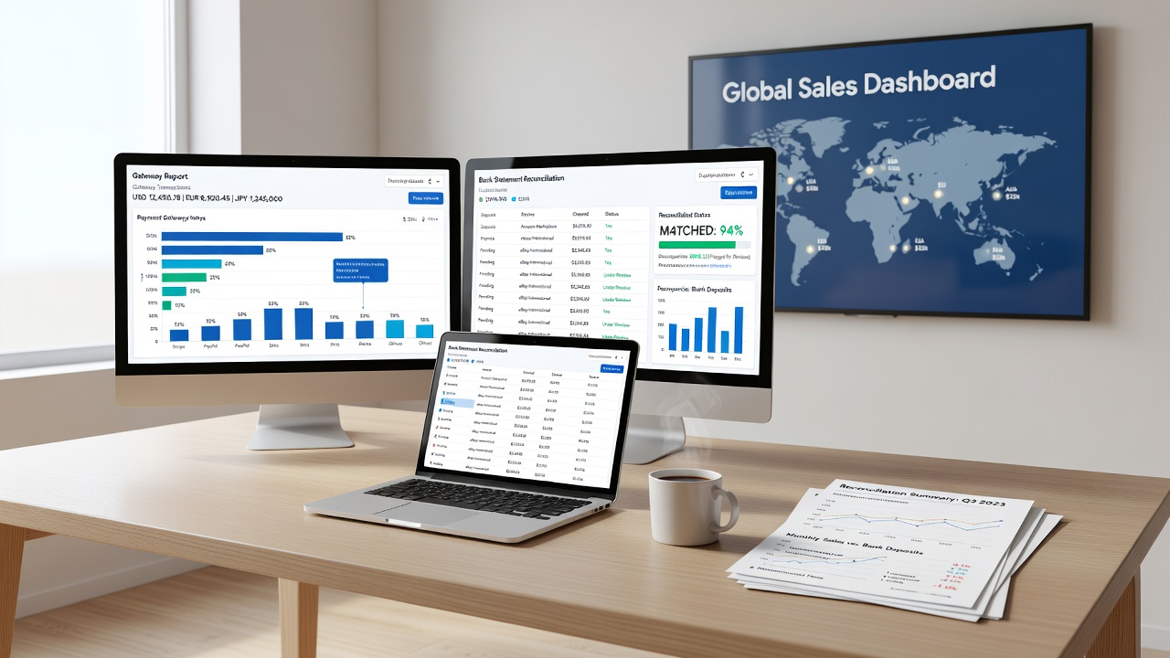 Close-up of financial documents showing matched gateway transactions and corresponding bank deposits for an online business