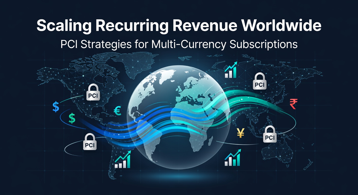 Illustration of a global network connecting payment gateways across currencies and continents, symbolizing seamless recurring revenue streams
