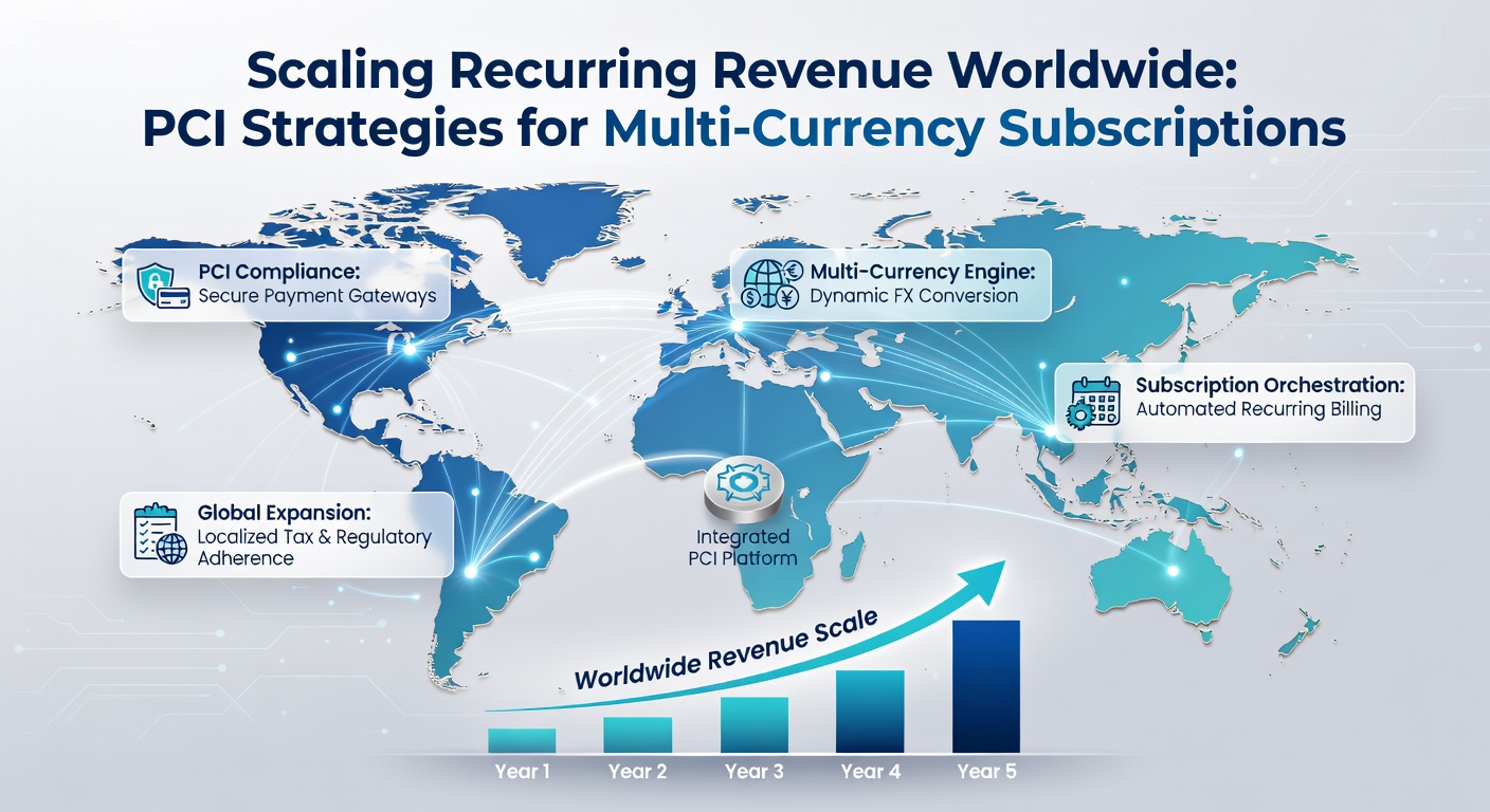 Dashboard screenshot showing multi-currency subscription metrics, PCI compliance indicators, and global revenue charts