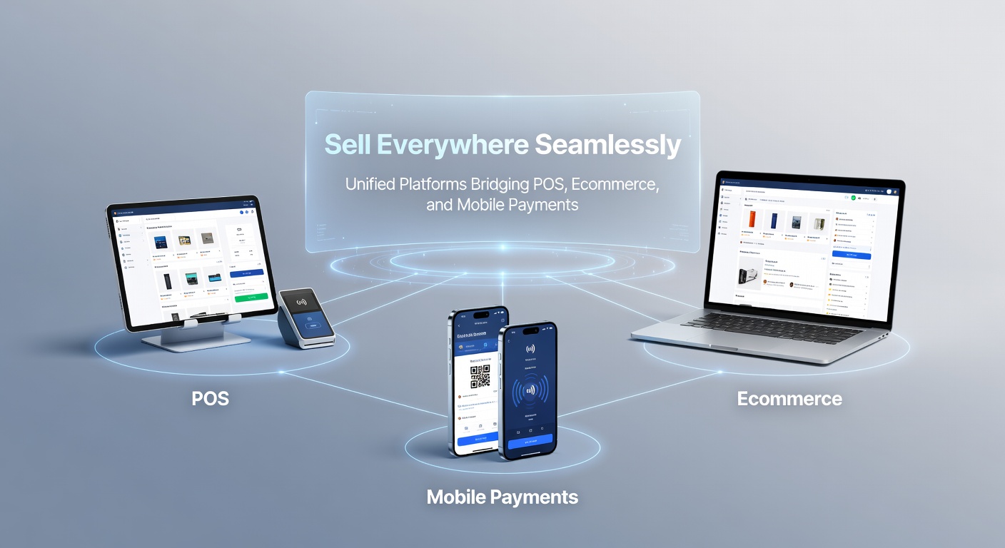 Illustration of a unified payment ecosystem connecting in-store POS terminals, online shopping carts, and mobile payment apps on a single dashboard