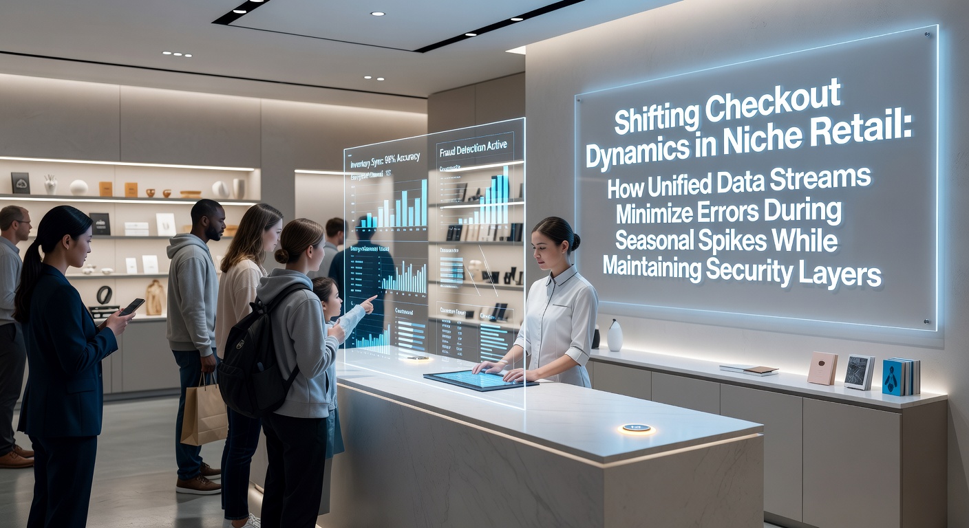 Niche retail checkout counter with integrated data displays showing real-time inventory and transaction flows during a busy seasonal period