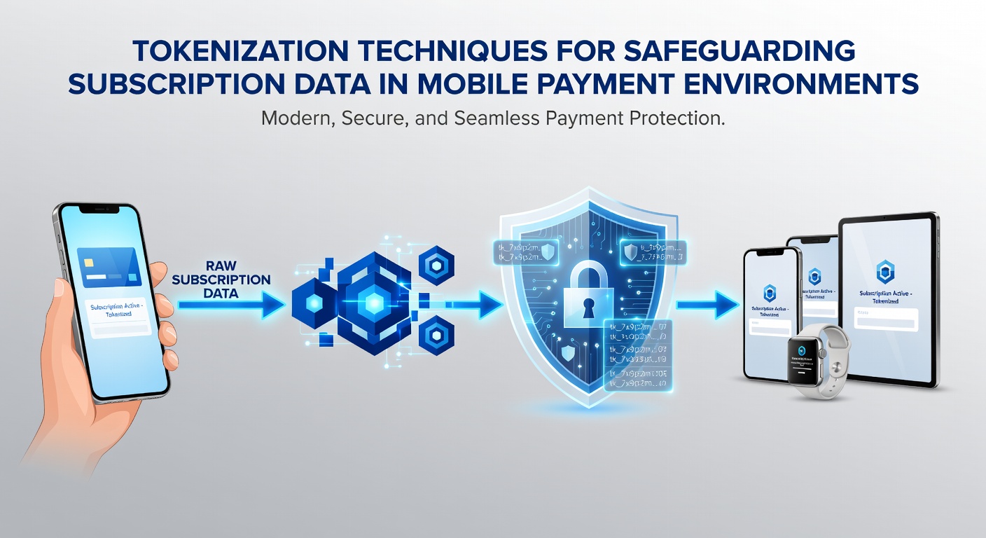 Illustration of tokenization workflow replacing card details with secure tokens in mobile subscription payments