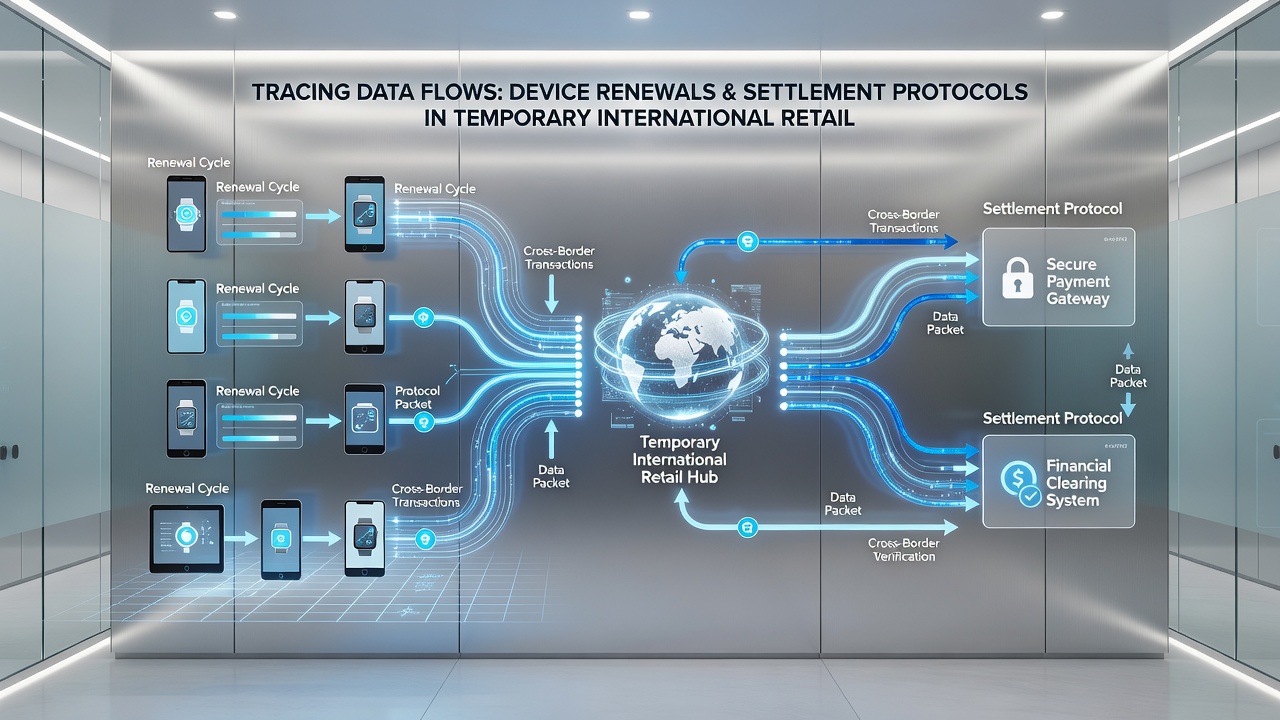 Illustration of data pathways linking portable device updates to cross-border settlement systems in event-based retail