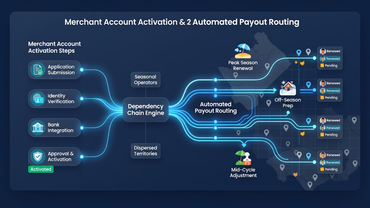Flowchart illustrating merchant account activation steps connected to automated payout routing systems for seasonal operators across multiple territories