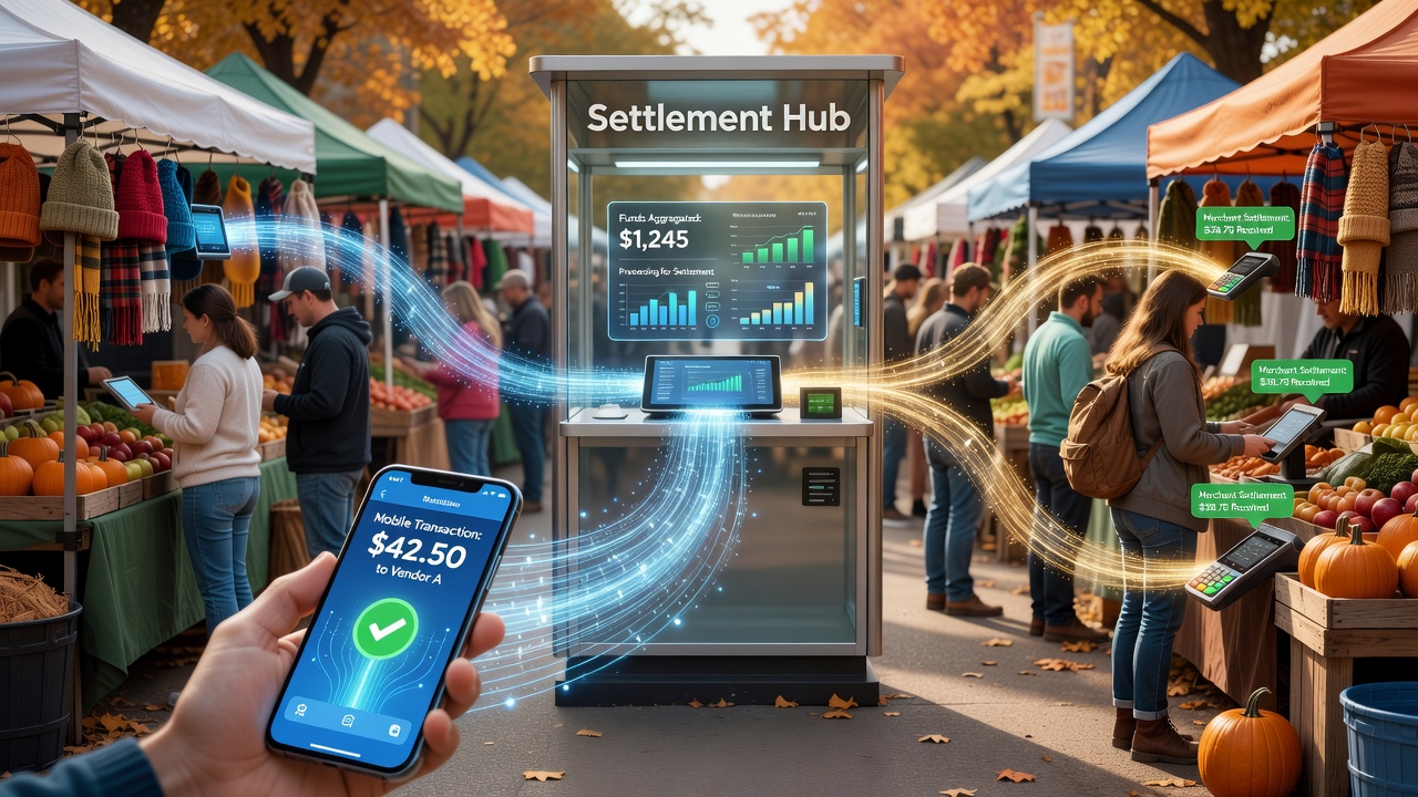 Settlement process visualization showing fund transfers to vendors in seasonal outdoor markets