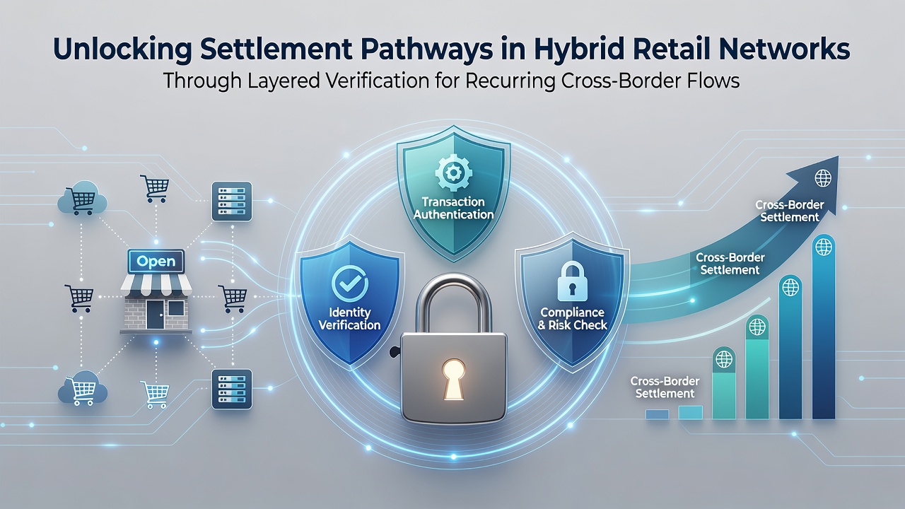 Hybrid retail network diagram showing layered verification layers connecting physical stores and online platforms for cross-border recurring payments