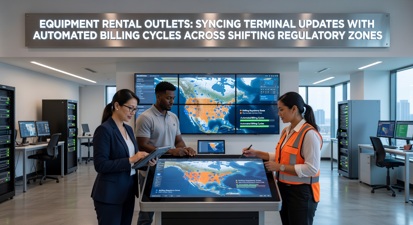 Equipment rental terminals syncing updates with billing systems in multi-zone regulatory environments
